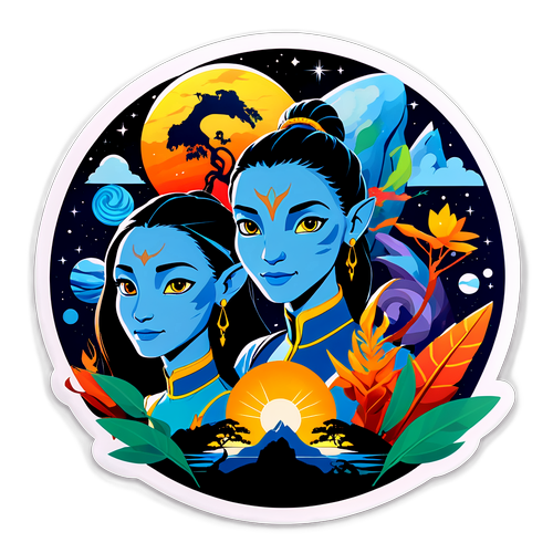 Комбінація персонажів з фільму "Аватар 3" з природними елементами та космічними мотивами