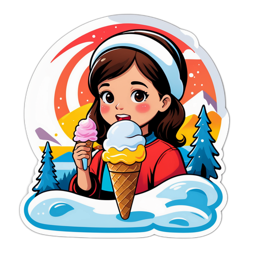 女孩吃冰淇淋与雪景