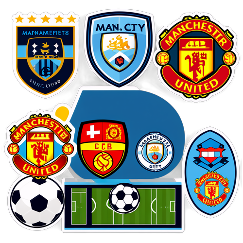 Sticker với logo Man City và Man Utd trên nền sân bóng