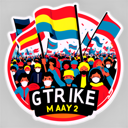 Kleurrijke illustratie van een protesterende menigte voor de algemene staking op 22 mei