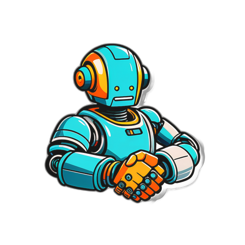 Sticker van Anthropic met een coole robot die de hand schudt met een mens