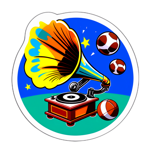 Un sticker cu un gramofon și bile de fotbal, având textul "Digi Sport 1 - Unde Sportul Vibrează!"