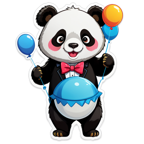 
Cute Cartoon Panda Holding Balloons and Wearing a Bow Tie
