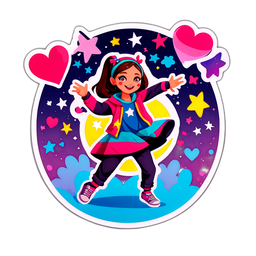 Un autocollant représentant une TikTokeuse dansante, entourée de cœurs et d'étoiles