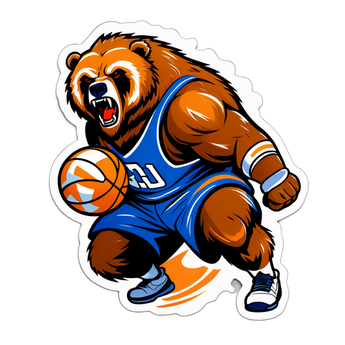 Isang malakas na grizzly bear na naglalaro ng basketball