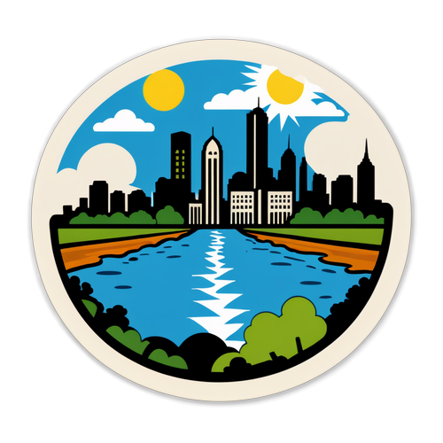 Diseño de un sticker que representa el paisaje de Buenos Aires después de la inundación, destacando la resiliencia de la comunidad