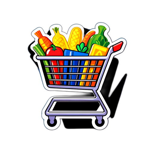 Cartoonachtige sticker van een Aldi-winkelwagentje vol boodschappen