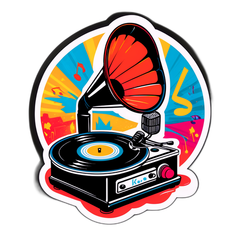 Stiker Retro Pemain Rekod dan Mikrofon Vintage