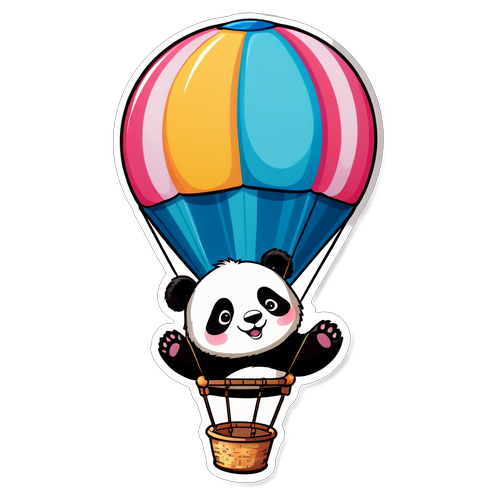 可爱的熊猫乘坐热气球在空中飘浮