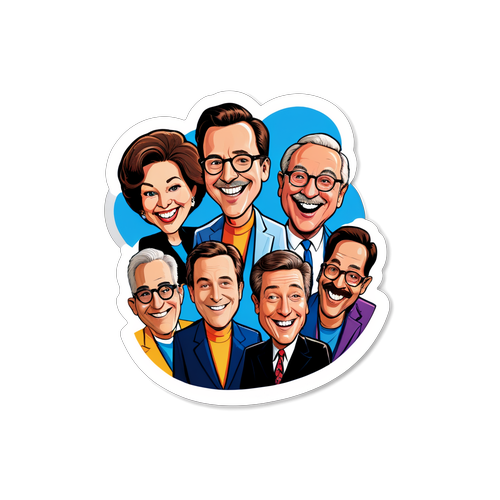 Sticker geïnspireerd door de Nieuwjaarsconferentie met humoristische karikaturen van komieken