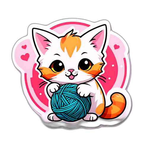 Isang Cute na Sticker ng Pusa na May Bola ng Sinulid