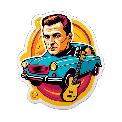Színes, modern grafika Puskás Petivel, autós motívumokkal és hangszerekkel