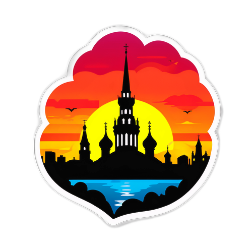 Силиуэт Белгорода на закате с надписью 'Город, где бьется сердце'