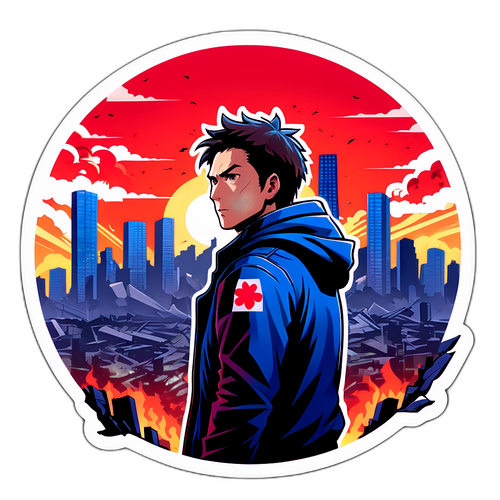 הוא עומד מול קו רקיע שיקרע, מסמל את ההשלכות של רעידת האדמה ביפן, עם מראה של ניסיונות ותקווה.