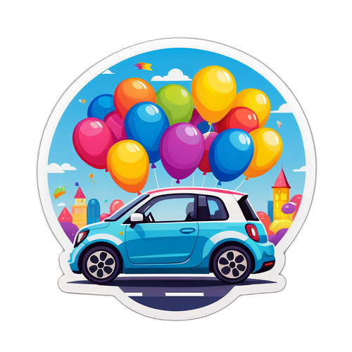 可爱的电动汽车与五彩气球