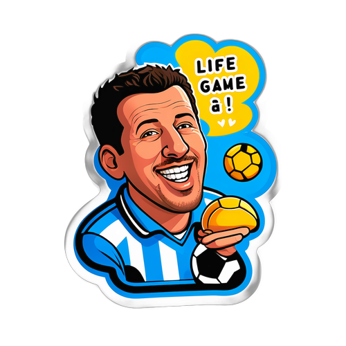 A sticker cu o figură stilizată a lui Adam Sandler, o minge de fotbal și un aliment preferat