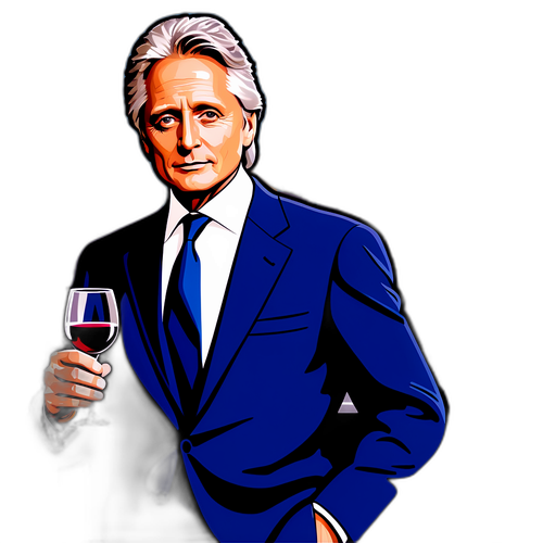 Michael Douglas ve stylovém obleku s městským panorama