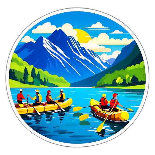 Sticker van het Meer van Annecy met een vlot en mensen die van de natuur genieten
