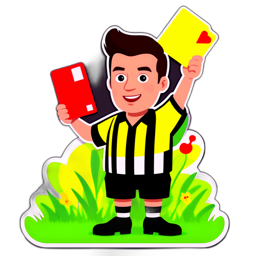 Personagem animado como juiz com cartões vermelho e amarelo