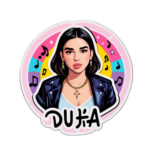 Sticker met afbeelding van Dua Lipa met muziek symbolen en sterren