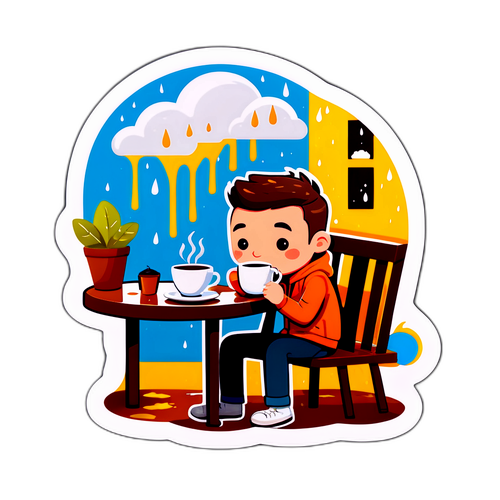 비 오는 날 카페에서 커피를 마시는 캐릭터