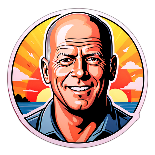 Retro klistermærke af Bruce Willis med en legesyg tegneserie twist