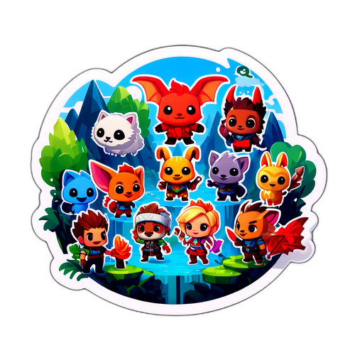 Een cartoon sticker van de diverse wezens uit Hytale die betrokken zijn bij eigenaardige avonturen in hun levendige wereld