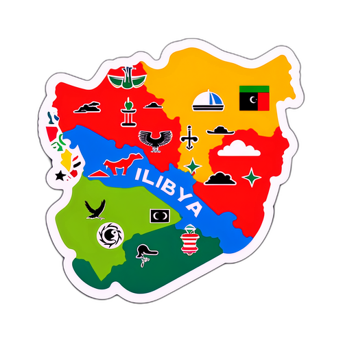 Barevná mapa Libye se symboly kulturního dědictví
