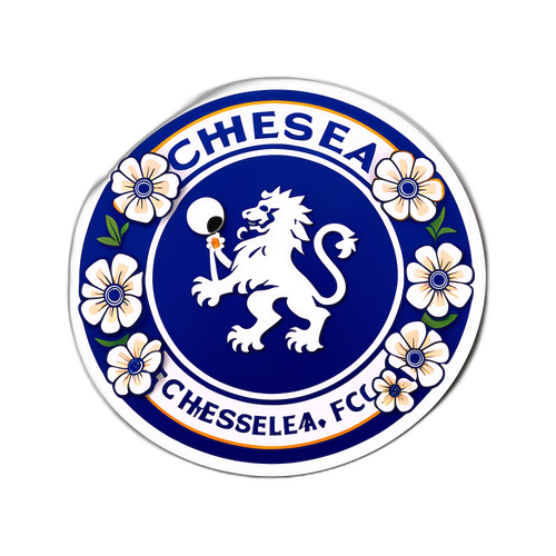 A Chelsea FC logó virágokkal és focilabdákkal díszítve