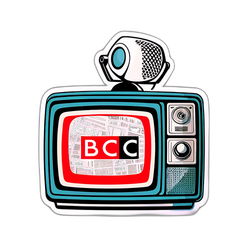 Trendy sticker met het BBC News-logo en een retro televisie