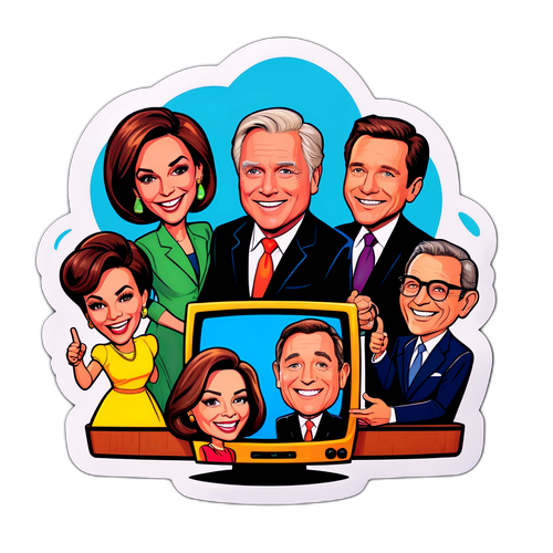 Barevná nálepka s karikaturami moderátorů televizního programu