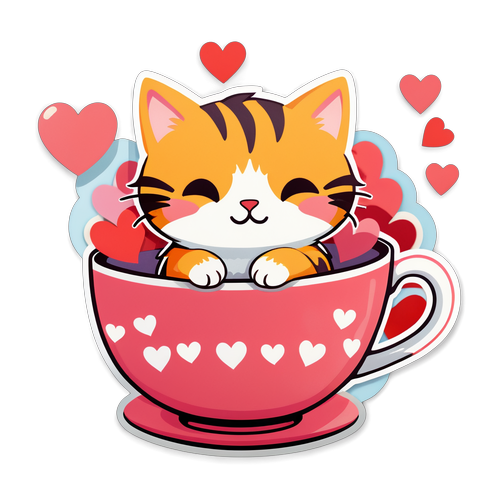 Cozy Cat in Teacup with Floating Hearts