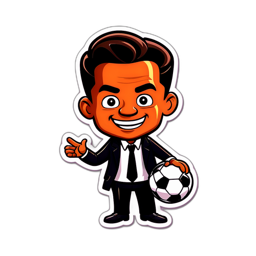 Illustrazione giocosamente cartoonesca di Conceicao che allena la Juventus