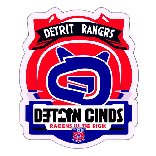 Стикер с логотипом команды "Детройт Рейнджерс" на фоне хоккейной площадки