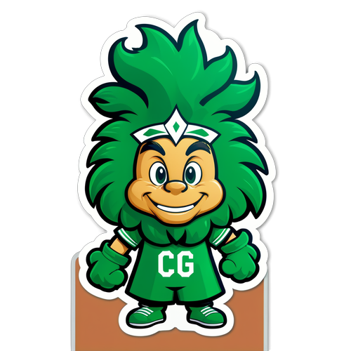 Sticker van FC Groningen met een schattige groene mascotte in een stadion