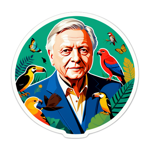 Kreativ fremstilling av David Attenborough omringet av dyreliv