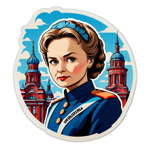 Наклейка с Екатериной Мизулиной и цитатами на фоне сталинской архитектуры