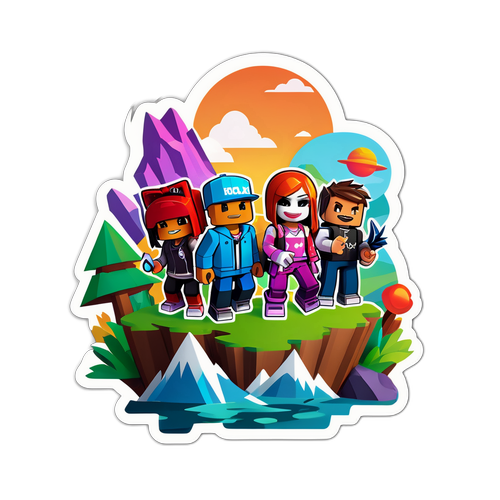 Roblox témájú matrica karakterekkel és kreatív virtuális tájjal