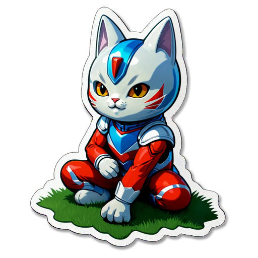 Adorable Ultraman Cat Sitting on Grass Sticker