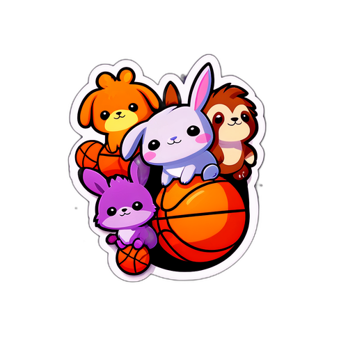 귀여운 동물 캐릭터들이 농구공을 타고 있는 스티커