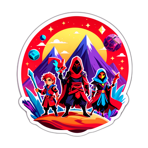 Stylizovaná nálepka s postavami z herního světa Crimson Desert