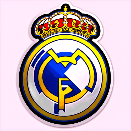 Descubra a Arte Impressionante do Emblema do Real Madrid com Detalhes Dourados e a Cidade de Madrid ao Fundo!