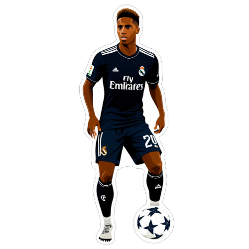 Logo Real Madrid z sylwetką Rodrygo w dynamicznej grafice