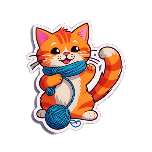 Masayang Pusa na Naglalaro ng Sinulid