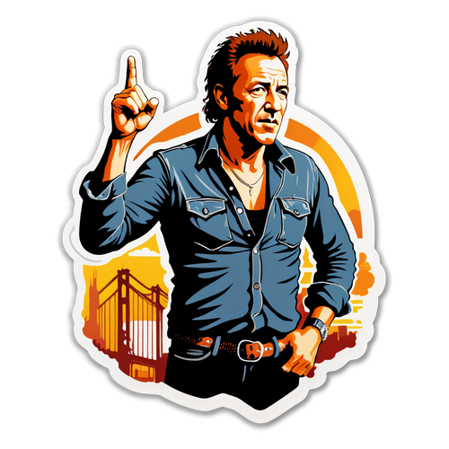 En dristig klistremerke-design av Bruce Springsteen med et gritty urbant landskap