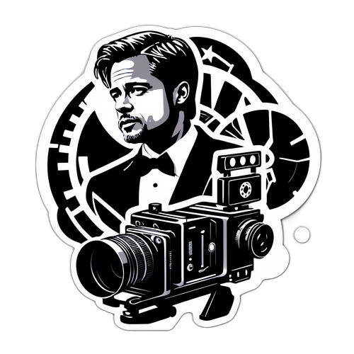 Sticker cu silueta lui Brad Pitt și simboluri cinematografice