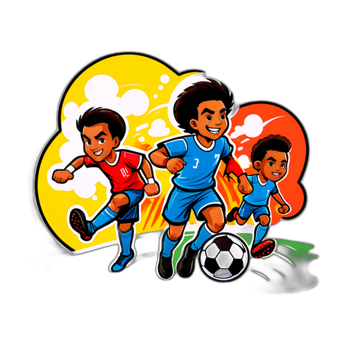 Комикс-сцена с Рафиньей, дриблирующим и уклоняющимся от соперников на поле