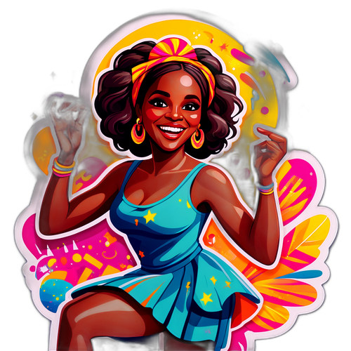 Fröhliches Porträt von Motsi Mabuse mit Tanzmotiven und lebendigen Farben