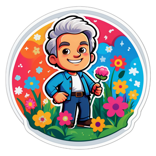 Cartoonachtige versie van Jeroen Mol in een bloementuin