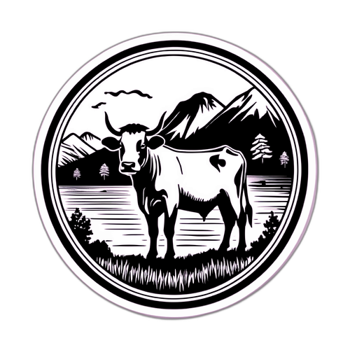 Desain Sticker Lanskap Tenang dengan Sapi dan Teks 'Niat Berkurban'